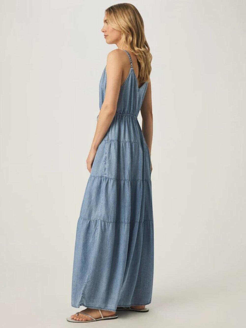 Splendid Boho Denim Tiered Midi Dress Size S Adjustable Strap Western Dress - Picture 4 of 8